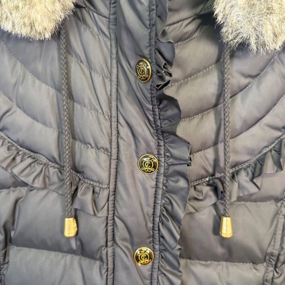 Juicy Couture Black Puffer Faux Fur Removable Hood Medium Y2K Gold Zip - Picture 10 of 16